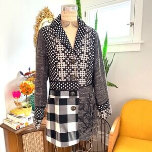 Vintage Y2K KAKTUS Patchwork Blazer Jacket Black White Polka‎ Dot Plaid L